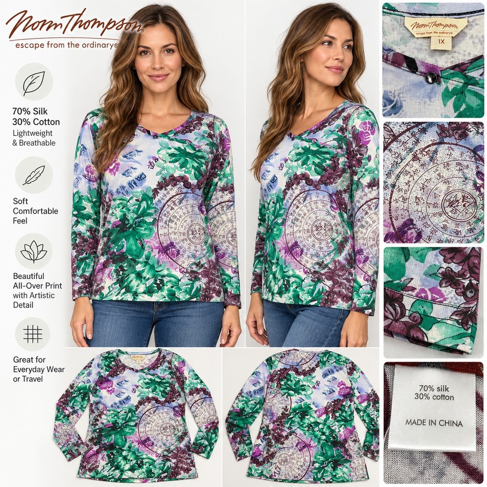 Norm Thompson Silk Blend Top Women's 1X Floral Asian Print Long Sleeve Blouse